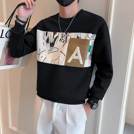 秋季卫衣男高级感拼接设计上衣潮流宽松套头长袖t恤美式休闲外套图片