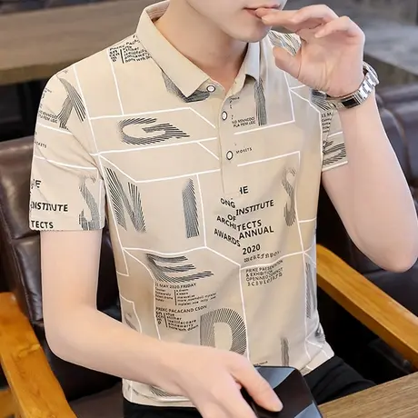 2024夏季男士短袖t恤衬衫领潮流polo衫纯棉有带领半袖体恤上衣潮商品大图