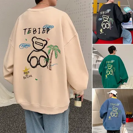 卡通长袖卫衣男春秋季vintage复古小熊外套圆领情侣宽松套头衣服商品大图