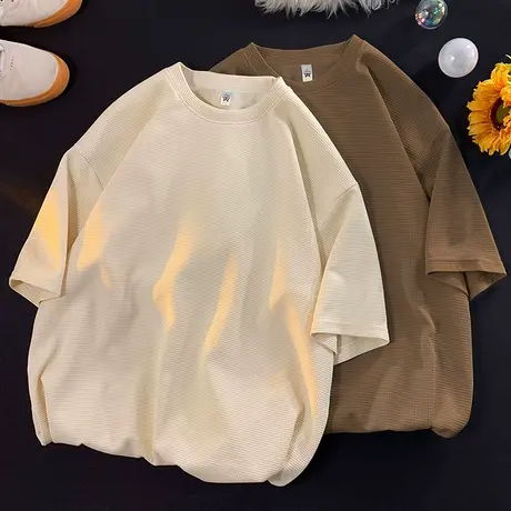 华夫格纯色短袖t恤男夏季宽松休闲半袖港风复古ins潮流打底衫上衣商品大图