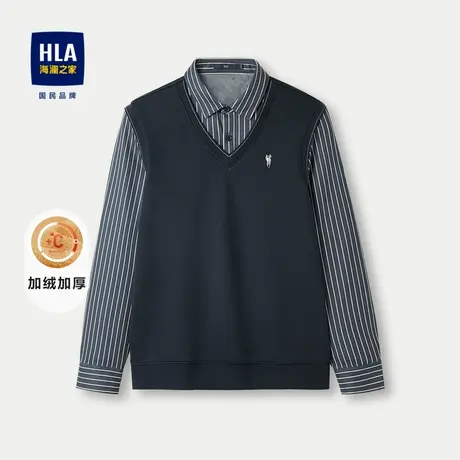 HLA/海澜之家加绒保暖针织衫2023秋冬新款假两件微弹厚款上衣男商品大图