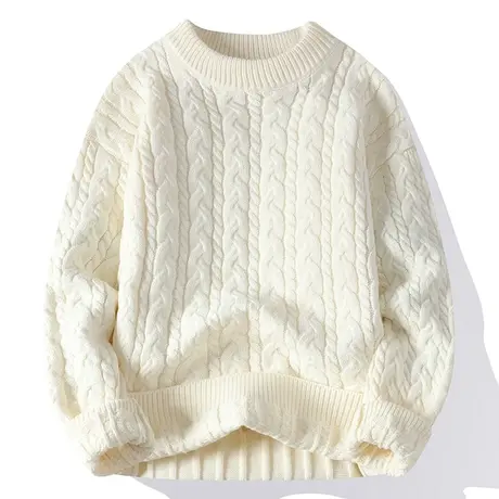 圆领毛衣男秋冬款慵懒风麻花编织内搭毛线衣男纯色宽松打底针织衫商品大图