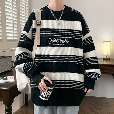 条纹毛衣男秋冬季潮牌潮流撞色针织衫外套男宽松休闲内搭毛线衣服商品大图