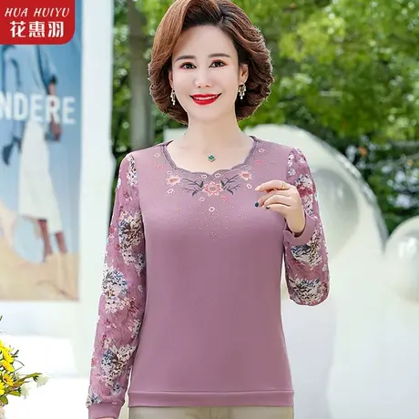 妈妈秋装纱袖打底衫上衣女中老年人春秋洋气时尚针织长袖T恤小衫图片