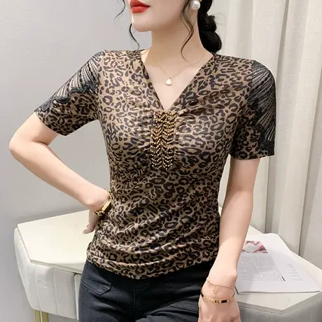 时尚豹纹T恤女短袖欧货性感网纱拼接上衣别致V领修身小衫气质丅恤商品大图