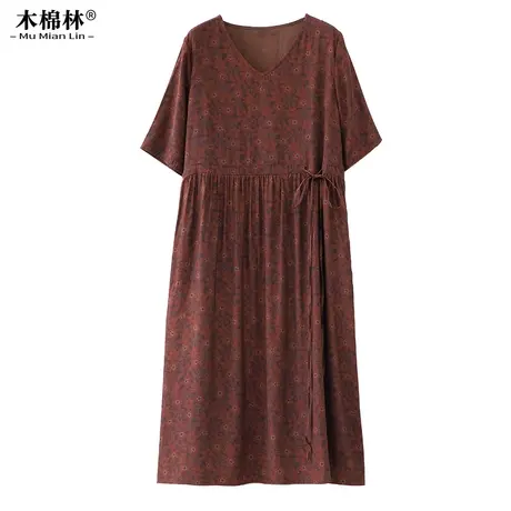 木棉林2024夏季大码女装连衣裙V领碎花设计感通勤宽松遮肚显瘦裙图片