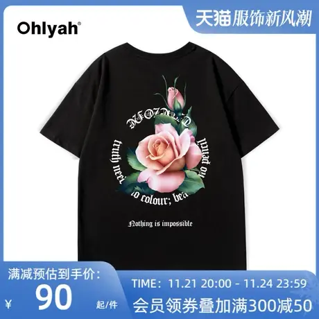 Ohlyah美式复古高街中性风花卉短袖T恤男女同款潮牌vibe情侣半袖图片