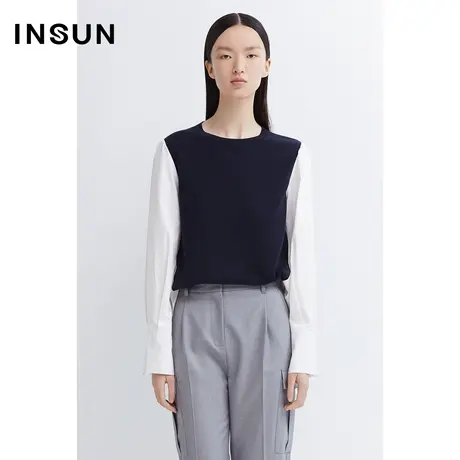 INSUN恩裳春季羊毛衬衫袖拼接毛针织衫商品大图