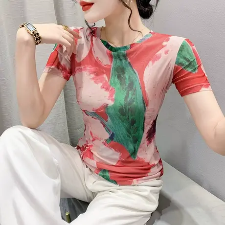 夏季网纱T恤女短袖欧货设计感拼色印花上衣气质圆领小衫修身丅恤商品大图