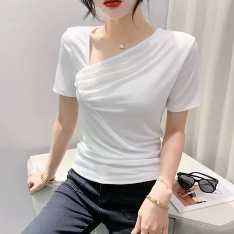 欧货设计感T恤女短袖2024夏季新款洋气褶皱斜领上衣修身百搭小衫商品大图