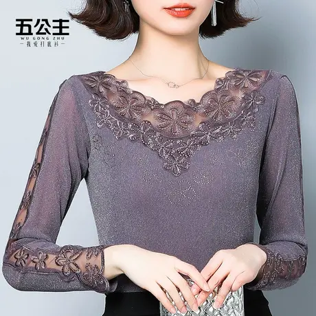 五公主洋气蕾丝打底衫新款春秋小衫时尚妈妈显瘦女网纱低领上衣薄商品大图