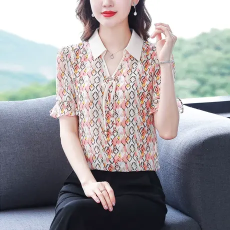 2023雪纺衬衫女上衣夏季新款碎花小衫洋气遮肚子显瘦短袖大码衬衣商品大图