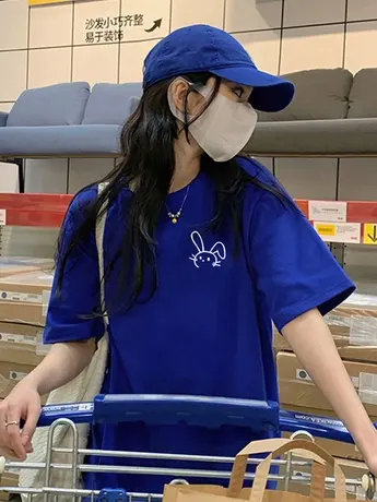 克莱因蓝短袖T恤女2025春夏季新款中长款宽松半袖体恤纯棉上衣潮商品大图