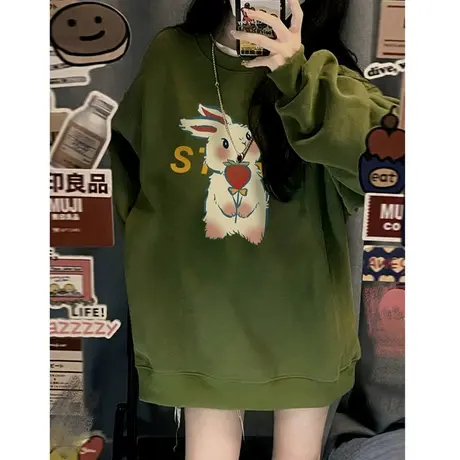 纯棉圆领卫衣女款2023新款爆款秋冬冬美式复古慵懒风无帽秋冬上衣图片