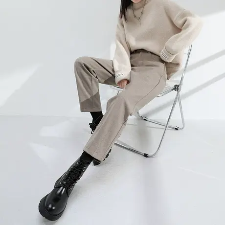 卡其色毛呢裤子女秋冬2023年新款烟管直筒九分显瘦萝卜哈伦休闲裤商品大图