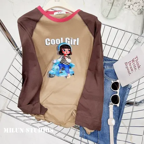 2022早秋新款上衣韩国东大门时髦撞色长袖T恤插肩袖打底宽松大码商品大图