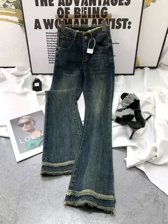 辣妹设计感毛须高腰弹力牛仔裤女小众时尚韩版显瘦微喇叭长裤ins商品大图