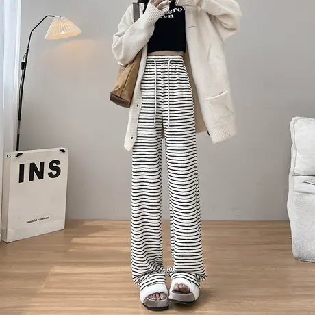 黑白条针织阔腿裤女2023秋冬新款高腰垂感窄版显瘦直筒休闲拖地裤商品大图