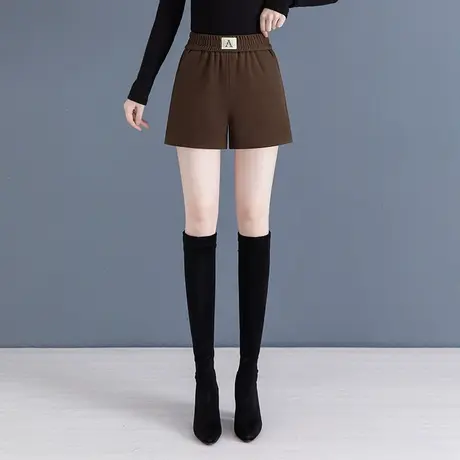 毛呢短裤女2023秋冬新款松紧高腰外穿宽松显瘦a字阔腿裤打底靴裤商品大图
