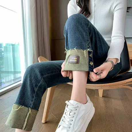 翻边高腰直筒牛仔裤女2023秋季新款修身显瘦九分小个子法棍烟管裤商品大图