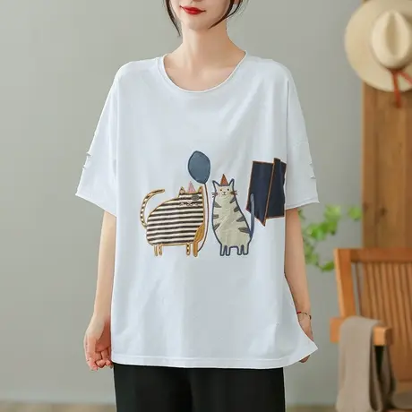 dza卡通破洞纯棉T恤女2023夏季薄款圆领打底体恤宽松显瘦套头上衣商品大图