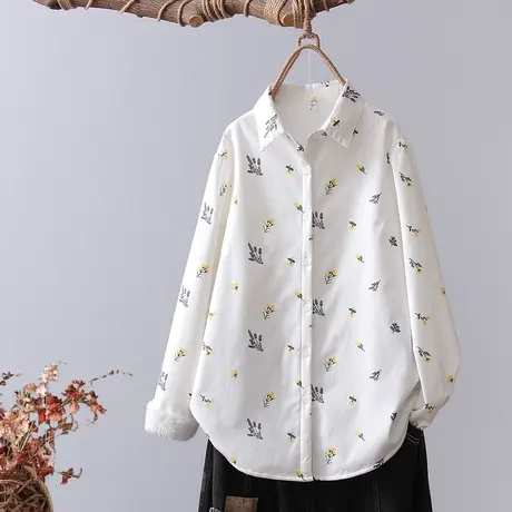 双层棉纱衬衫女长袖文艺小清新印花外贸出口高品质纯棉打底衫上衣图片