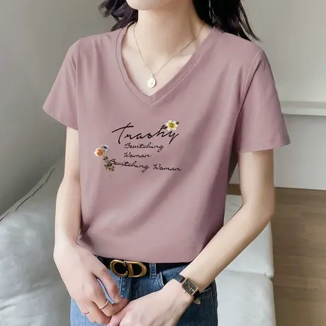 纯棉短袖女装宽松2023年新款夏季上衣服百搭洋气t恤V领显瘦体恤图片