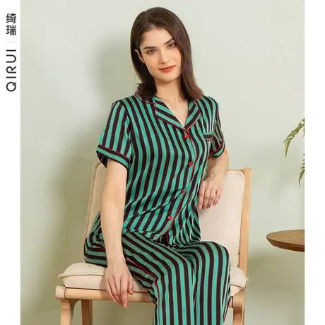 绮瑞睡衣女夏季短袖冰丝薄款修身条纹丝绸家居服女士夏天开衫大码商品大图