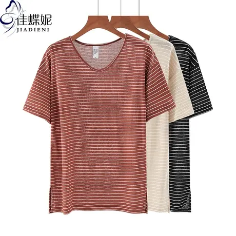 夏季新韩版圆领纯白宽松条纹纯色侧开叉中长款短袖体恤上衣内搭女商品大图