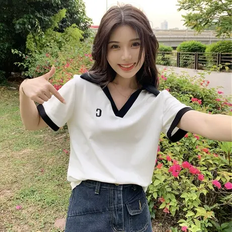 大码韩系慵懒风polo领t恤女夏复古chic短袖ins别致显瘦V领上衣潮商品大图