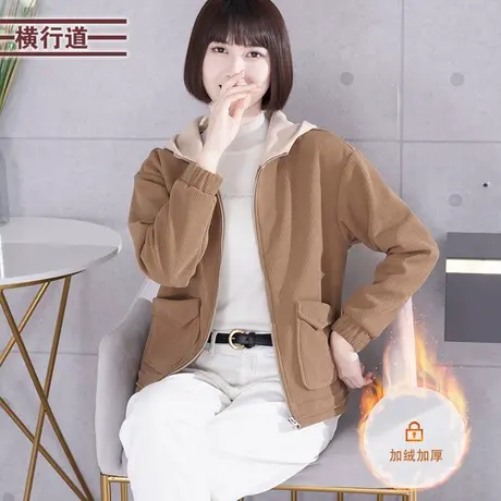 连帽加绒灯芯绒长袖外套落肩袖加厚休闲宽松外穿拉链上衣2024新款商品大图