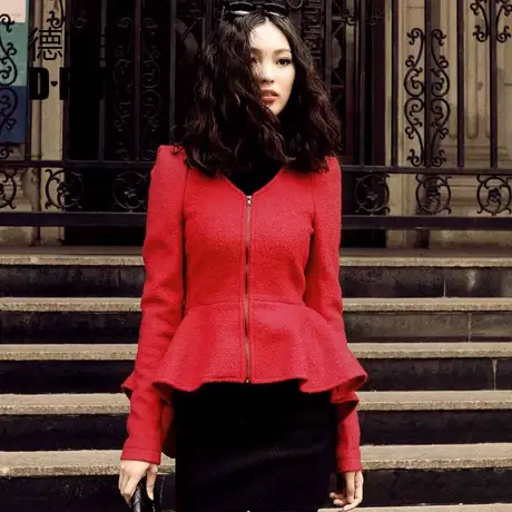 DPLAY德帕拉秋冬欧美修身羊毛呢大衣泡泡袖鱼尾短款时尚纯色外套商品大图