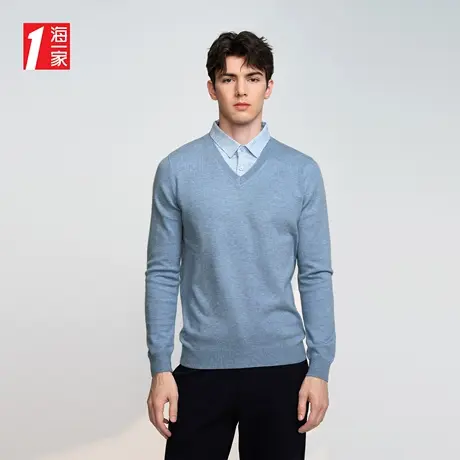 海一家简约假两件2023秋季新款时尚绣花基础休闲双领针织衫男商品大图
