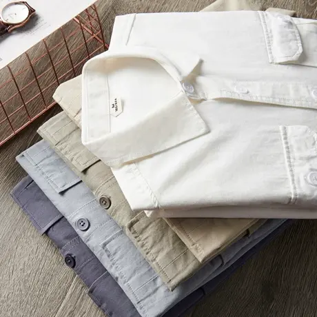 纯棉美式长袖衬衫男秋季宽松高级感工装寸衫净色白色翻领衬衣外套商品大图