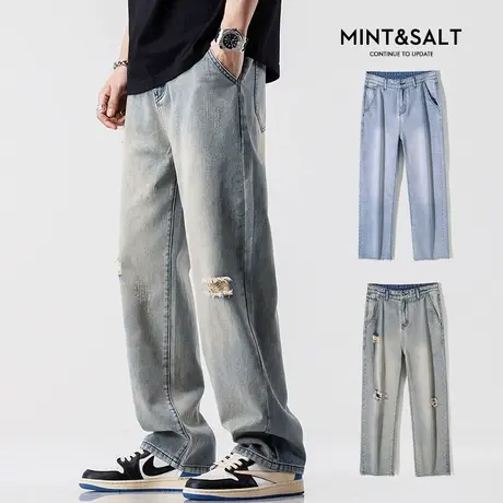 春秋款复古水洗破洞牛仔裤男士宽松休闲拖地阔腿裤子男款夏季男裤商品大图