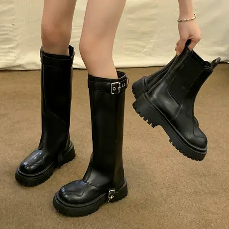 长筒靴女2023年春秋季新款超火炸街复古瘦瘦靴粗跟厚底洋气骑士靴图片