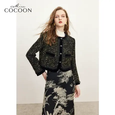 missCOCOON千金玛德琳2023冬装新款爆闪气质丝绒拼接香风短外套图片