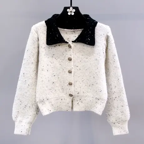 小香风复古撞色polo领毛衣外套女冬季2023新款宽松慵懒风针织开衫商品大图