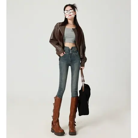 高腰加绒小脚牛仔裤女秋冬2023年新款女士薄绒显瘦紧身弹力铅笔裤商品大图