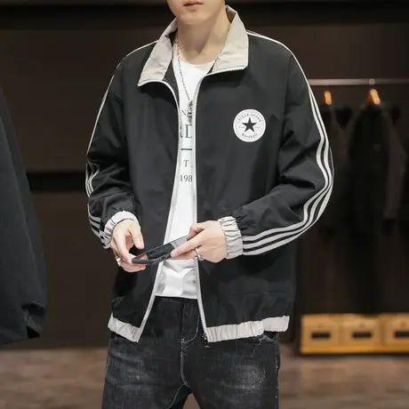 男士外套秋款工装上衣2023新款潮牌撞色条纹立领夹克秋季休闲百搭商品大图