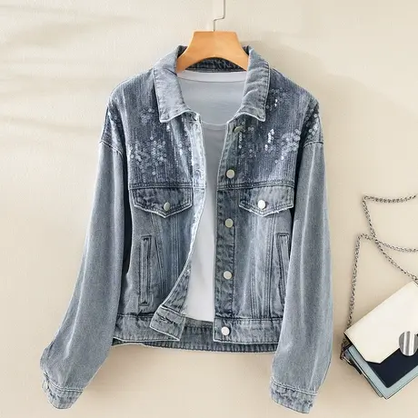 真维斯Z+女装 珠片设计牛仔外套个性休闲百搭短款夹克上衣X商品大图