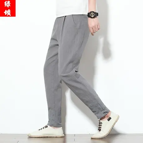 中国风亚麻休闲裤子男宽松大码薄款长裤收口小脚纯色棉麻束脚裤潮商品大图