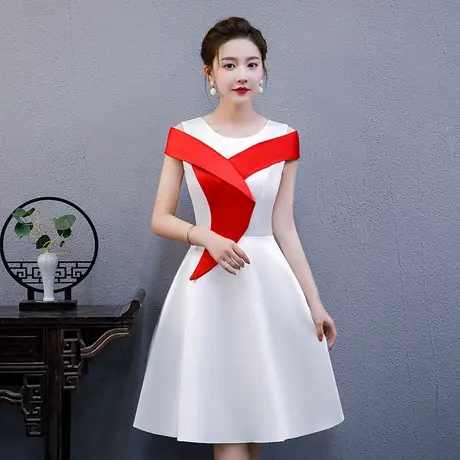 小晚礼服裙女白色礼仪服装颁奖演讲比赛朗诵合唱团演出服主持人女商品大图