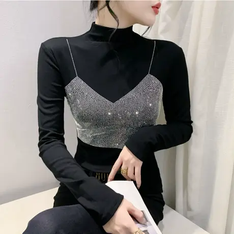 欧货网红女装半高领长袖打底衫T恤女重工烫钻洋气内塔修身上衣ins图片