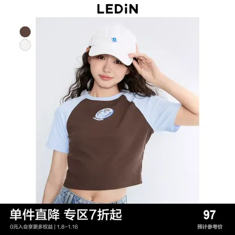 乐町新品美式复古短袖T恤女秋季新款插肩袖短款甜辣小上衣女商品大图