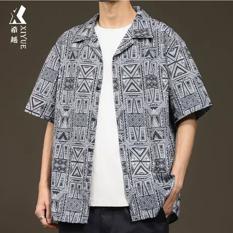 美式夏威夷短袖衬衫男2024春夏新款复古男士翻领衬衣胖子大码外套商品大图