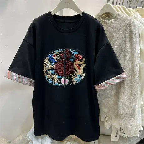 新中式国风刺绣印花卫衣连衣裙女2024春季款宽松中长款半袖T恤裙图片