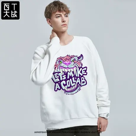 欧美ins潮流白色卫衣男老虎头早春薄款潮牌情侣长袖t恤圆领上衣商品大图