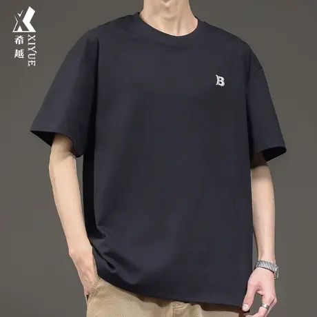 240g双面牧马棉短袖T恤男2024春季美式潮牌刺绣宽松大码男士体恤商品大图