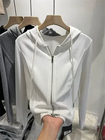 欧货设计感双拉链长袖T恤连帽衫开衫女2024春新款运动打底衫上衣商品大图